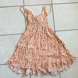 Simplee Peach and White Floral Smocked Sundress